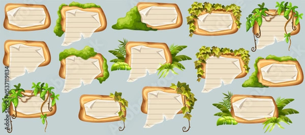 Obraz Wooden signboards with old paper, stems ivy, liana, grapes, vine, swamp moss, forest lichen. Set isolated wooden elements with blank, with school page in line, ragged graph paper. 