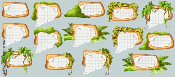 Obraz Wooden signboards with old paper, stems ivy, liana, grapes, vine, swamp moss, forest lichen. Set isolated wooden elements with blank, with ragged square graph paper, school math sheet. 