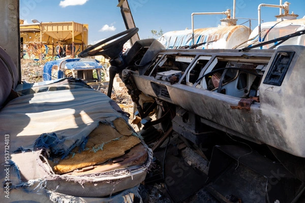 Fototapeta Decayed truck interior in junkyard – destroyed driver’s cabin with torn seat and missing dashboard