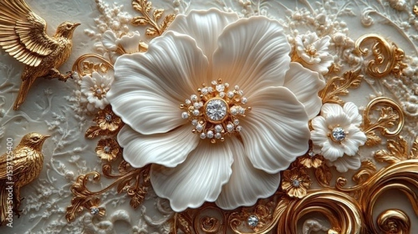 Fototapeta Opulent Floral Splendor: Exquisite White & Gold Patterns with Intricate Details – A Masterpiece of Ornate Design and Elegant Motifs