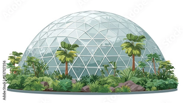 Fototapeta A digital rendering of a geodesic dome greenhouse set against a white background.  The dome is predominantly composed of transparent glass panels forming a geometric pattern.