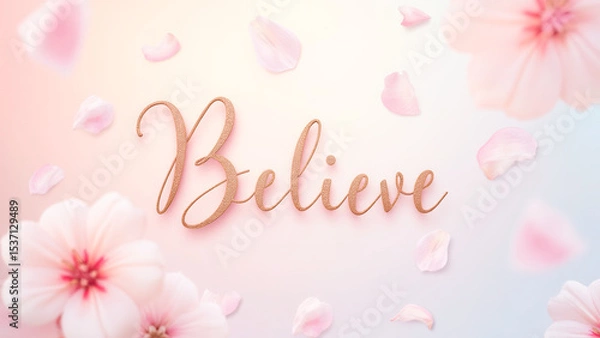 Fototapeta Inspirational Floral Composition with the Word Believe Surrounded by Delicate Pink Petals