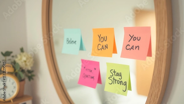 Fototapeta Inspirational Sticky Notes on Mirror for Motivational Home Decor and Positive Affirmation