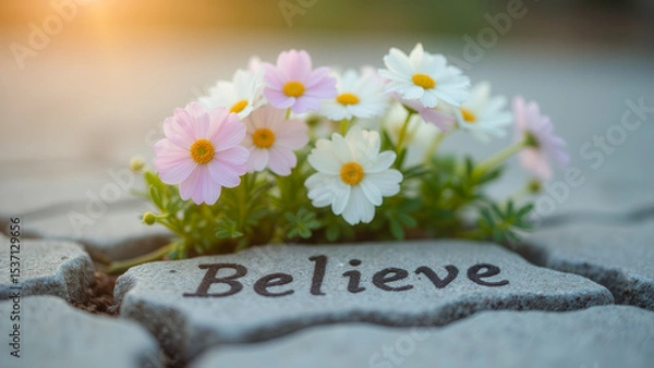Fototapeta Inspirational Words on Stone with Colorful Flowers in Soft Morning Light