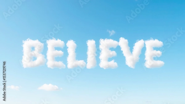 Fototapeta Inspirational Cloudy Sky with the Word Believe Formed from Fluffy White Clouds Above Blue Background