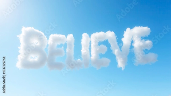 Fototapeta Soft White Clouds Forming Inspirational Word Believe in Bright Blue Sky