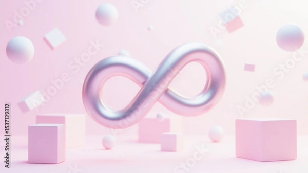 Fototapeta Abstract Infinity Symbol in 3D with Soft Colors and Geometric Shapes on a Pink Background