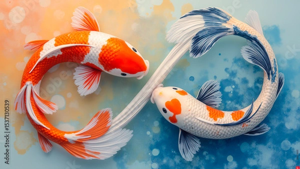 Fototapeta Colorful Koi Fish Swimming in Infinity Symbol with Artistic Background and Bright Colors