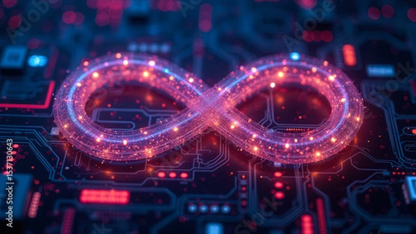 Fototapeta Abstract Infinity Symbol Surrounded by Futuristic Neon Circuits and Technology Elements