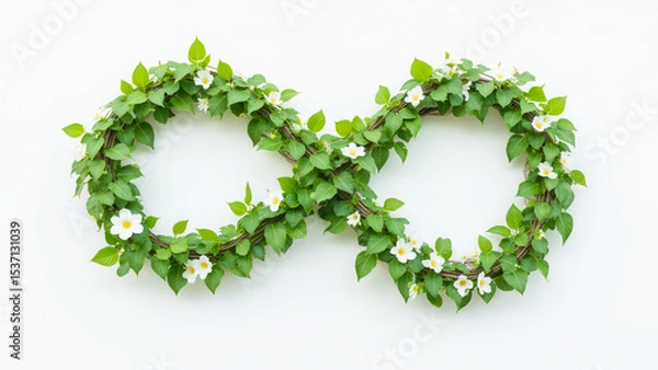 Fototapeta Green Infinity Symbol Made with Leaves and Flowers on White Background for Nature Concepts