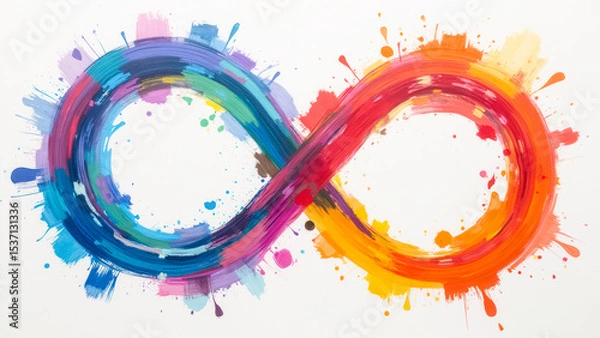 Fototapeta Colorful Infinity Symbol with Vibrant Brush Strokes and Paint Splashes on White Background
