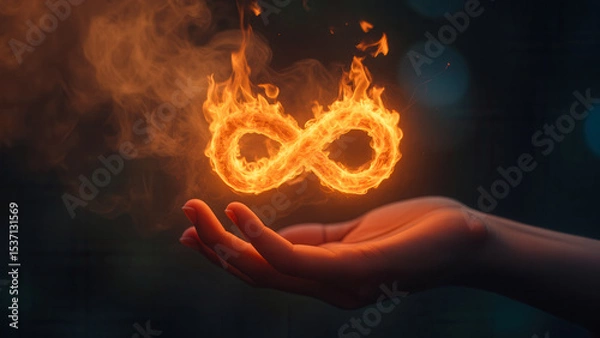 Fototapeta Hand Holding Flaming Infinity Symbol with Smoke Background in Mystical Setting