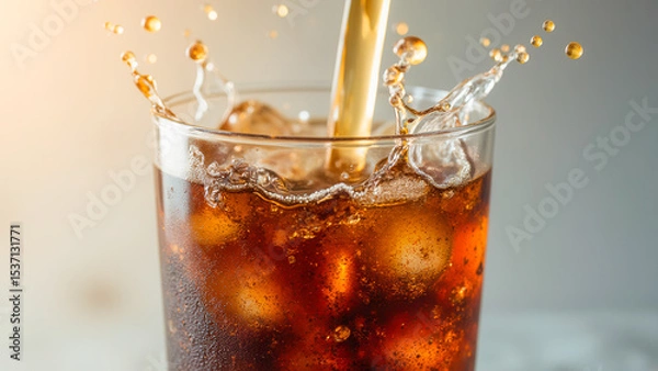 Fototapeta Refreshing Cola Drink with Ice Cubes and Splash in Glass Artfully Poured from Straw