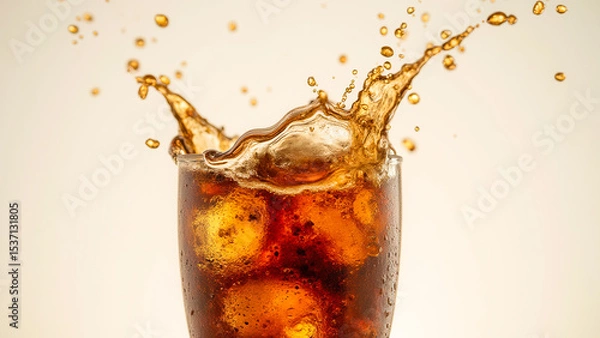 Fototapeta Refreshing Dark Drink with Ice Cubes Splashing in Clear Glass on Light Background
