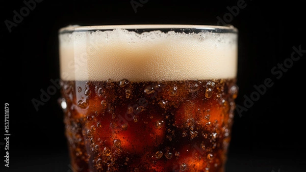 Fototapeta Refreshing Glass of Dark Carbonated Beverage with Bubbles and Creamy Foam on Top