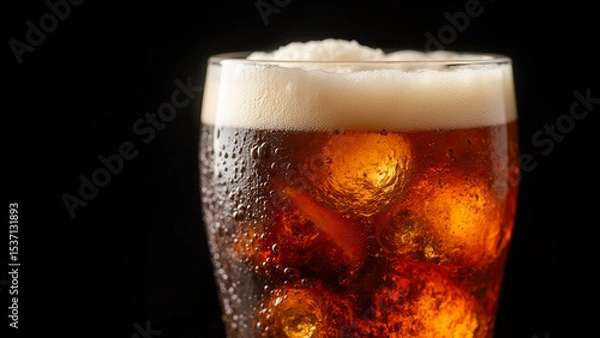 Fototapeta Refreshing Cold Beverage in Glass with Foam and Bubbles on Dark Background