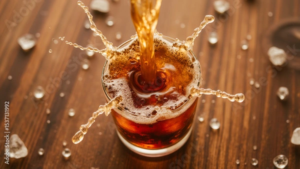 Fototapeta Close-Up of Beverage Pouring into Glass with Ice Splash on Wooden Surface