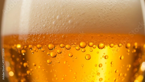 Fototapeta Golden Beverage with Bubbles and Foam in a Clear Glass for Refreshment and Celebration