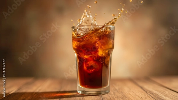 Fototapeta Refreshing Splash of Cold Beverage in Glass with Ice Cubes on Rustic Wooden Table