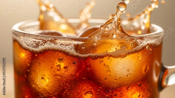 Fototapeta Refreshing Cold Beverage with Ice Cubes Splashing in a Glass Mug of Carbonated Soft Drink