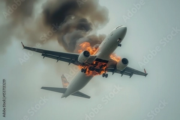 Fototapeta A sad and dangerous airplane crash accident with burning fire and black smoke rising while firefighters stand near the flames

