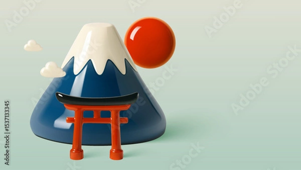 Fototapeta Minimal 3D Illustration of Mount Fuji with Torii Gate, Red Sun, and Floating Clouds in Japan Style