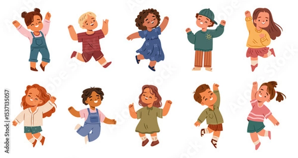 Obraz Cute happy kids jumping with joy. Vector isolated cartoon children with smiling facial expression and raised arms in excitement. Energetic and cheerful characters. Celebration or activity concepts