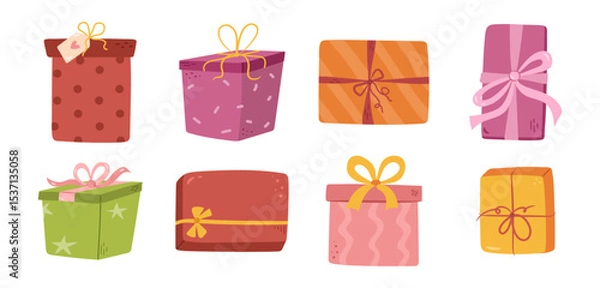 Obraz Gift boxes icons set. Vector isolated collection of cartoon presents for memorable occasions. Birthday celebration, special wrapping with ribbons and bows. Packages of various shape and form