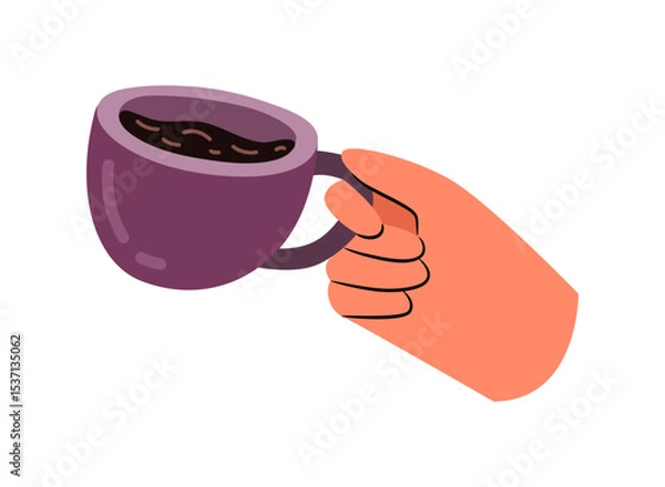 Obraz Cup of coffee or tea in hands of personage. Vector in flat style, isolated hand with mug filled with tasty warm beverage. Morning drink or lunch break at work, relaxing while drinking at dinner