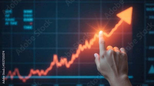 Fototapeta Hand Touching Screen with Graph Indicating Growth and Positive Trend in Business Analytics