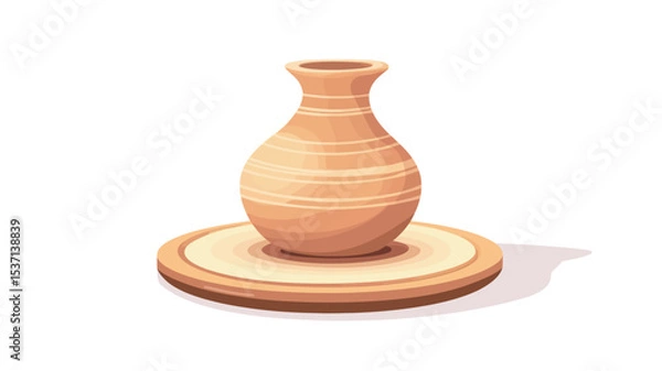 Fototapeta Digital illustration of a light brown clay vase sitting on a round potter's wheel. The vase has a slightly bulbous body and a narrow neck