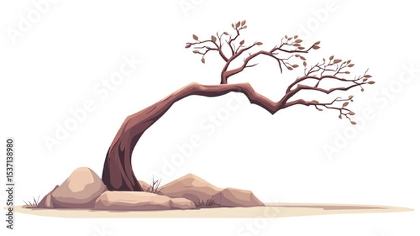 Fototapeta A digital illustration depicting a stylized, bare tree with a curved trunk bending to the right. The tree is rendered in a painterly style with muted reddish-brown tones for the trunk and branches.