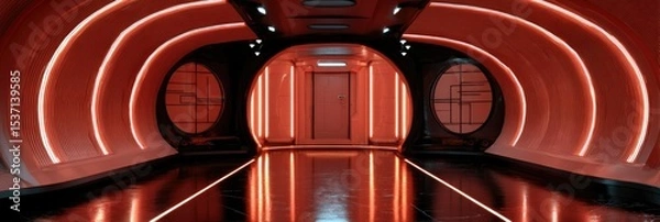 Obraz Futuristic Cyberpunk Tunnel: Symmetrical LED-lit Corridor with Open Door and Circular Walkway. Sci-fi Inspired Design featuring Red Light Beams and Holographic Elements. Perfect for Tech Events, Confe