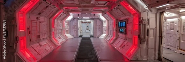 Fototapeta Futuristic Cyberpunk Tunnel: Symmetrical LED-lit Corridor with Open Door and Circular Walkway. Sci-fi Inspired Design featuring Red Light Beams and Holographic Elements. Perfect for Tech Events, Confe