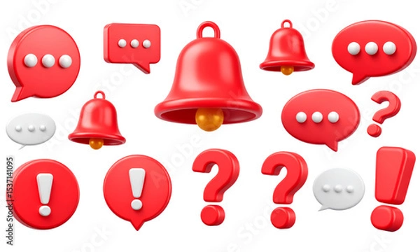 Obraz Red bell speech bubble exclamation mark and question mark icons with 3D style symbolizing notification alert message and inquiry isolated on transparent background