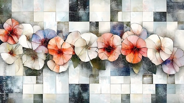 Fototapeta Artistic floral arrangement depicting vibrant flowers against a textured mosaic background suitable for various creative projects and designs.