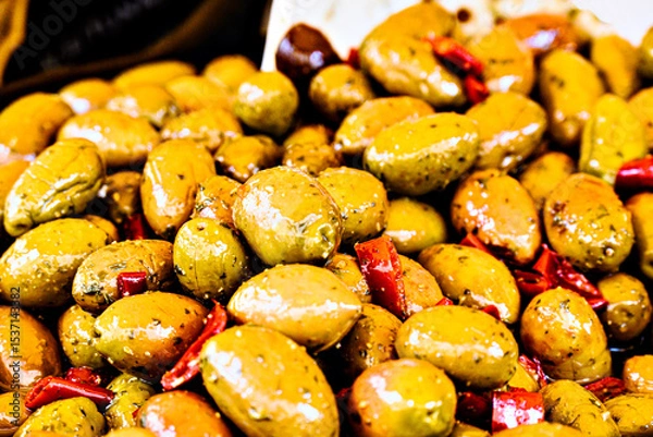 Obraz Container with fresh and delicious green olives