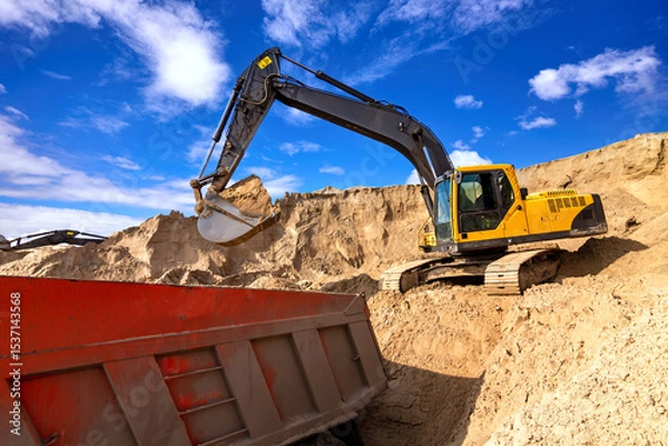 Obraz Excavator Loading Dumper Truck extreme wide-angle