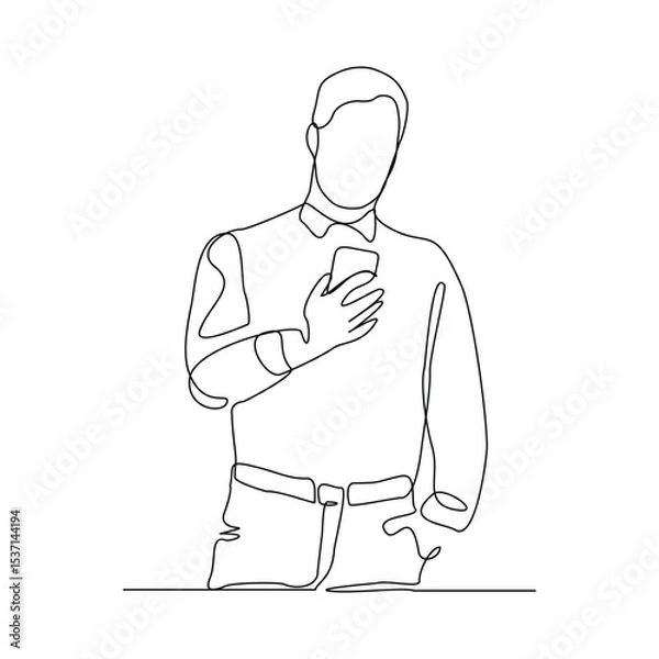 Obraz Continuous line drawing of business man holding smartphone. Editable stroke sketch line concept of finger click phone. Vector illustration