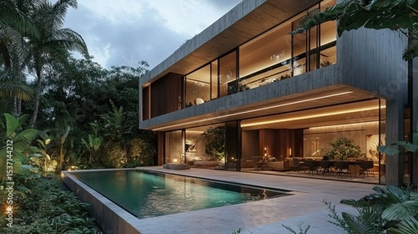 Obraz Modern luxury villa with swimming pool and tropical garden at dusk showcase