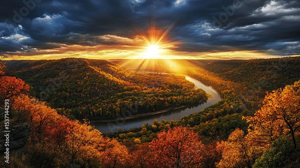 Obraz Spectacular sunset over the valley with river winding through colorful autumn trees