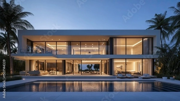 Obraz Stunning modern villa with a swimming pool during twilight in an exotic location