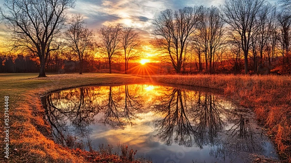 Obraz Serene sunset reflection over a tranquil pond in a rural landscape at dusk