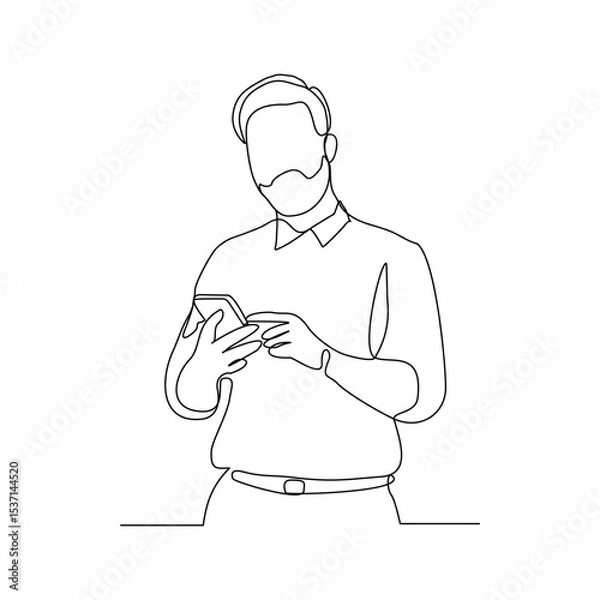 Obraz Continuous line drawing of business man holding smartphone. Editable stroke sketch line concept of finger click phone. Vector illustration