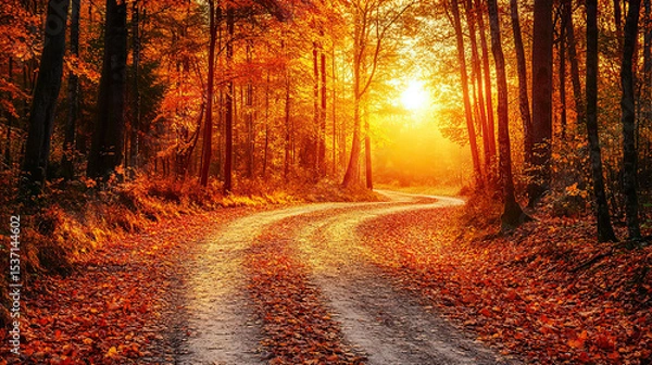 Obraz Autumnal forest path bathed in golden sunlight creating serene scenery