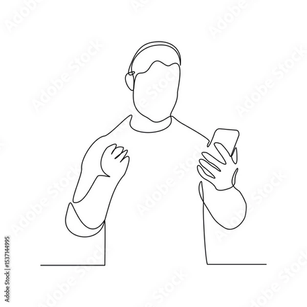Obraz Continuous line drawing of business man holding smartphone. Editable stroke sketch line concept of finger click phone. Vector illustration