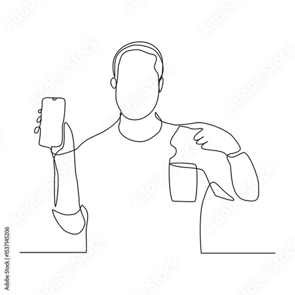 Obraz Continuous line drawing of business man holding smartphone. Editable stroke sketch line concept of finger click phone. Vector illustration