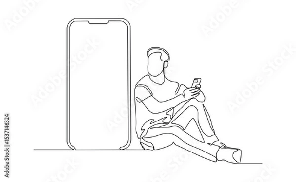 Obraz Continuous line drawing of business man holding smartphone. Editable stroke sketch line concept of finger click phone. Vector illustration