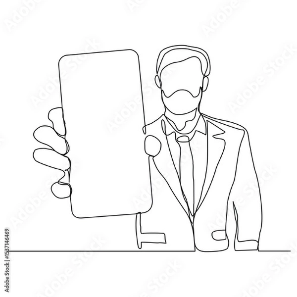Obraz Continuous line drawing of business man holding smartphone. Editable stroke sketch line concept of finger click phone. Vector illustration