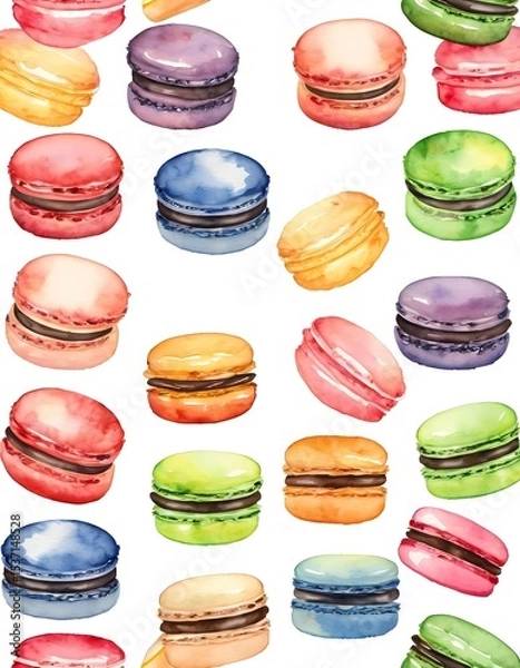 Fototapeta Delight in a vibrant assortment of watercolor macarons showcasing various colors and flavors arranged in a whimsical pattern, perfect for dessert lovers and art enthusiasts alike Generative AI